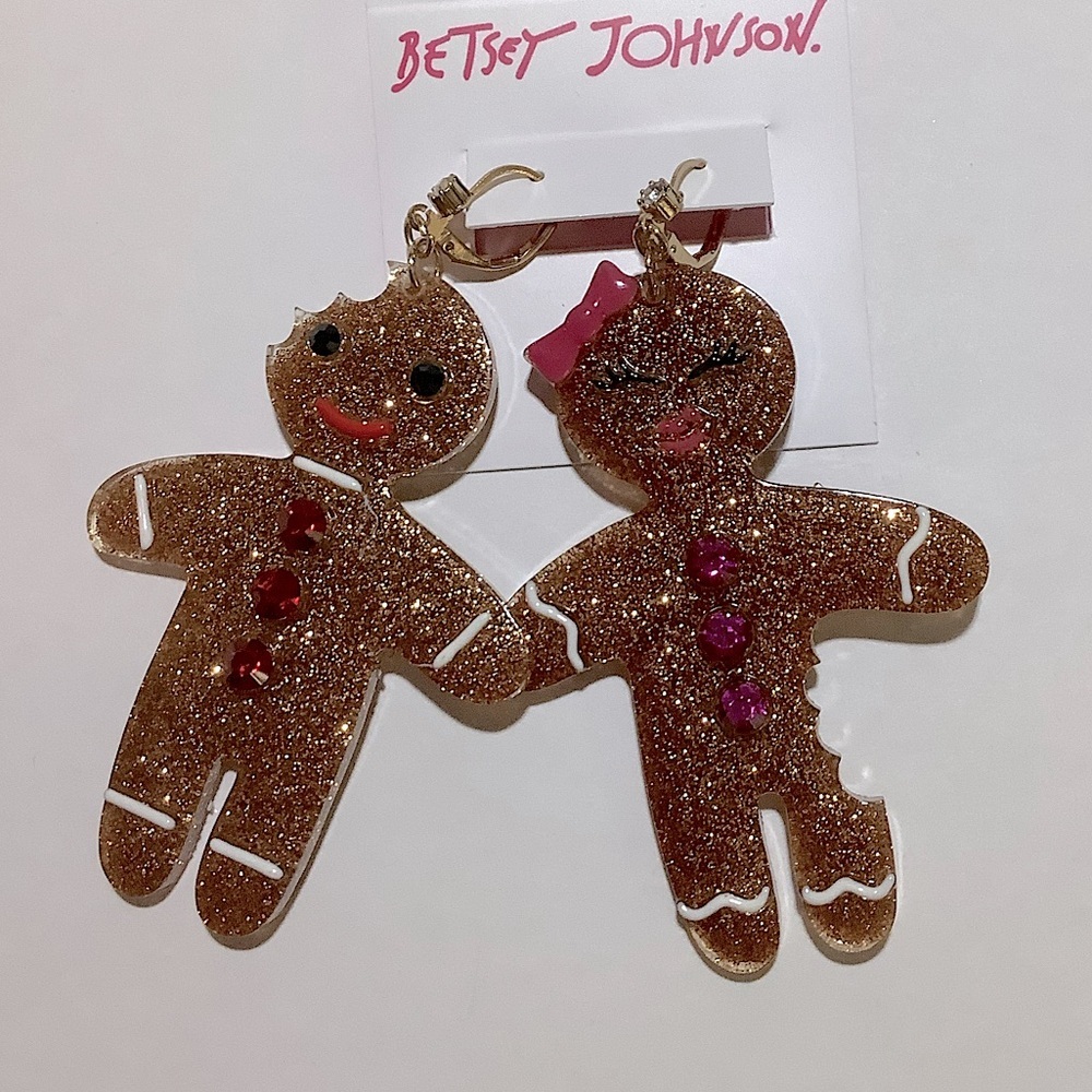 Betsey Johnson Gingerbread Couple Holiday Glitter Earrings New